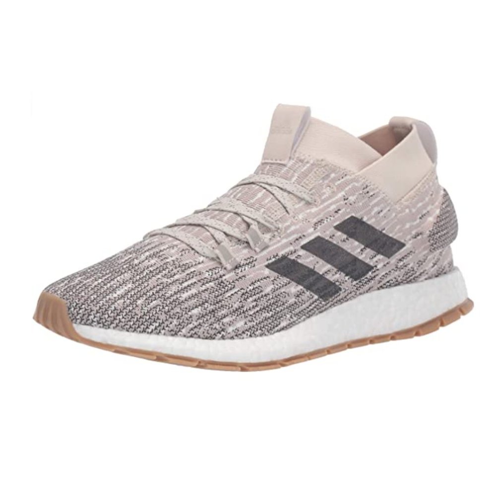 adidas Pink Knit Running Shoe with Gray Stripes and Gum Outsole